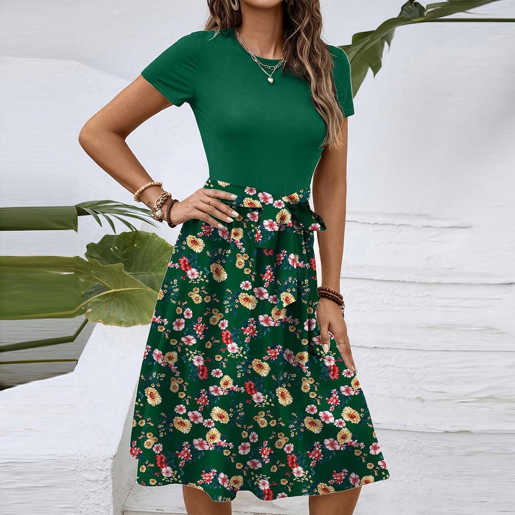 Women's Fashionable Retro Patterned Printing Color Blocked Belt Casual Dress