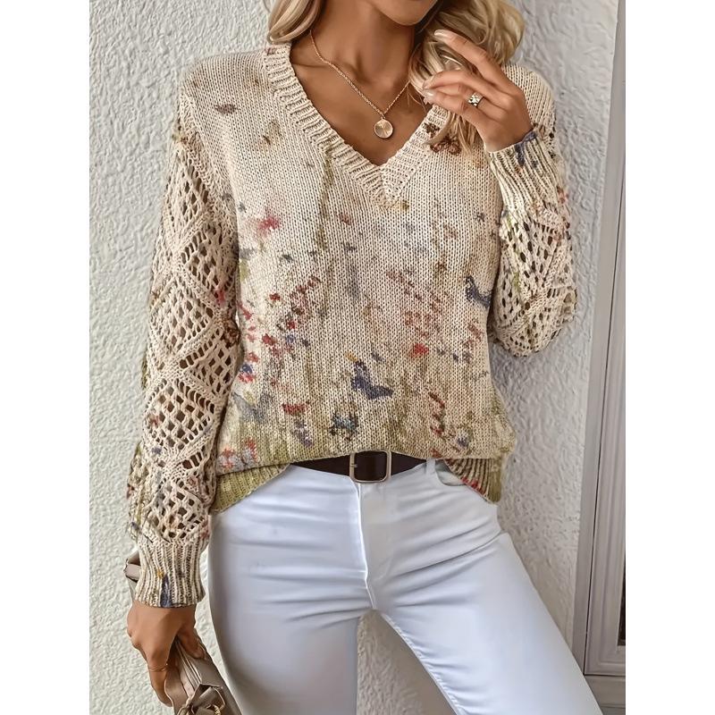 Bohemian Floral V-neck Sweater - Elegant, Long Sleeve Pullover Top