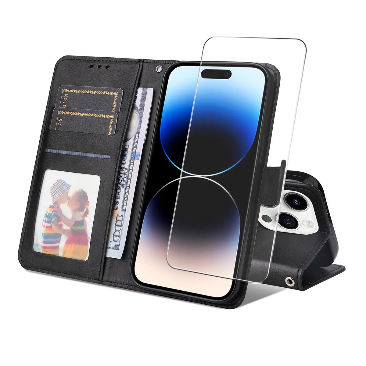

For iPhone 15 Pro PU Leather Wallet Case Phone Stand Cover with Tempered Glass Black