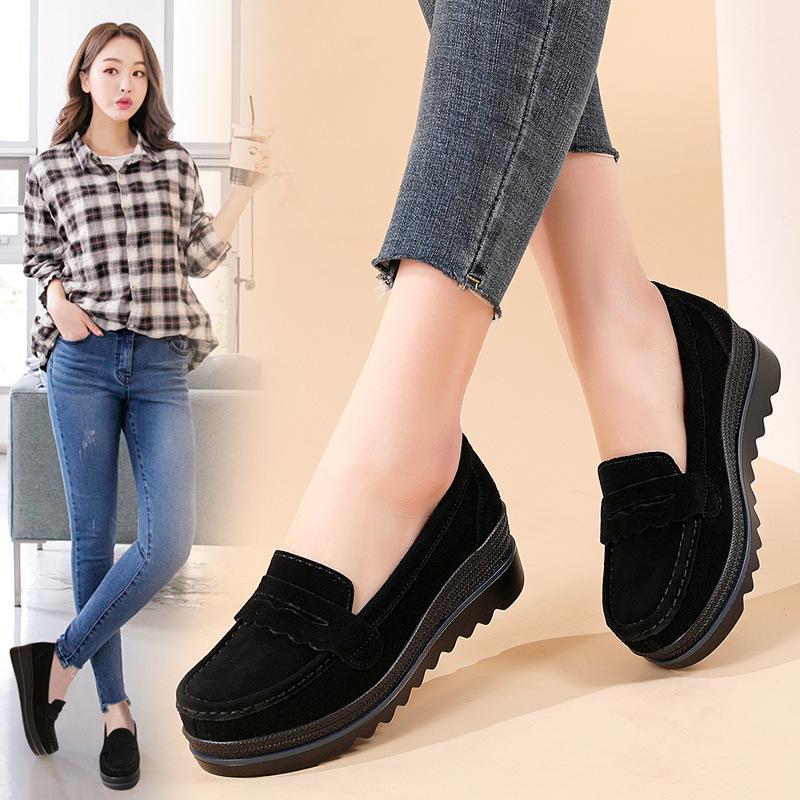 Genuine Leather Women's Sneakers - Spring/Autumn Style, Thick-Soled Wedge Platform, Large-Size Korean Mom Shoes