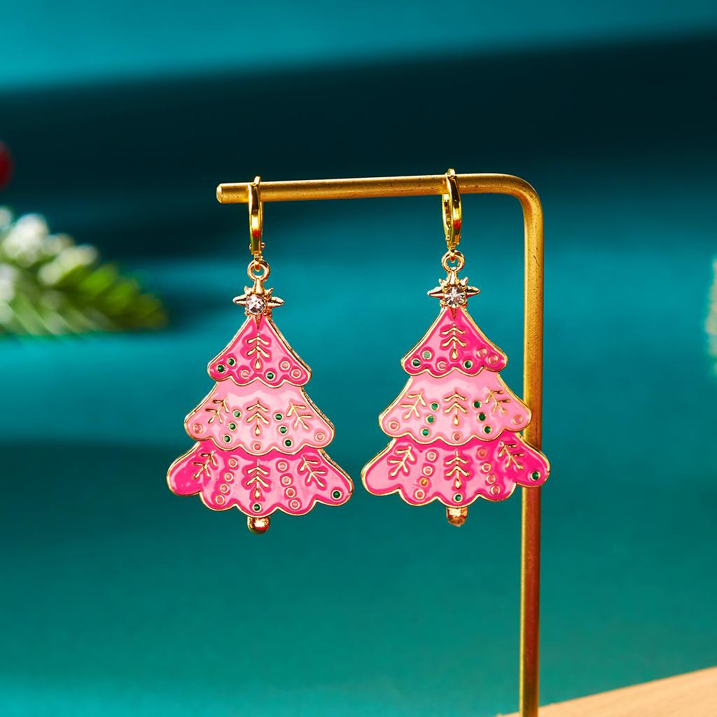 Sweet Enamel Pink Christmas Tree Drop Earrings for Women Fashion Simple Hollow Snowman Earrings Girls Xmas New Year Jewelry Gift