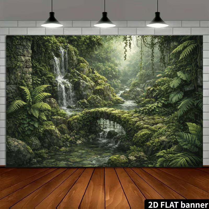 Enchanted Rainforest Mural with Waterfall and Ancient Stone Archway