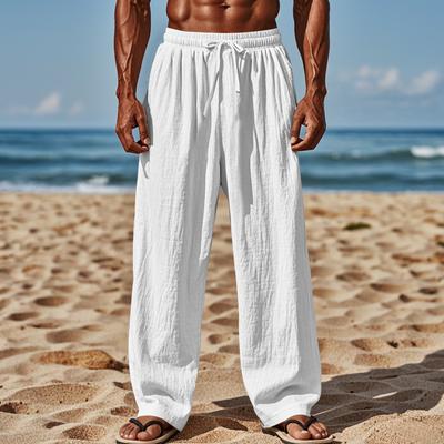 New Cotton Linen Loose Men's Large Size Loose Solid Colour Leisure Tie Trousers