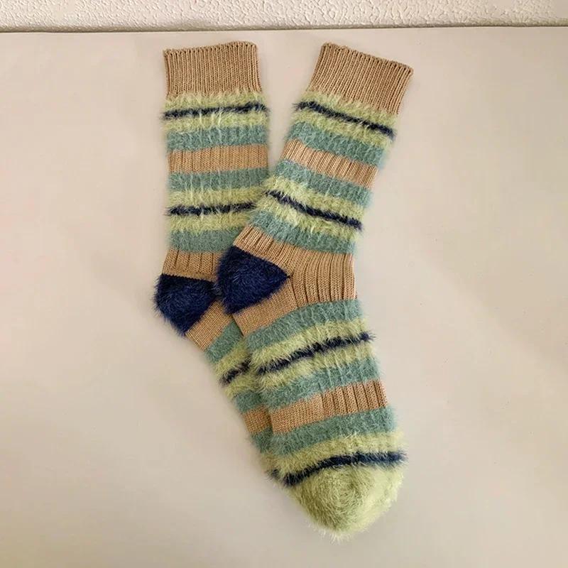 1/2pairs Retro Mink Velvet Striped Knitted Socks Women Girl Winter Fluffy Warm Sock Mid-tube Thick Thread Needles Long Stocking