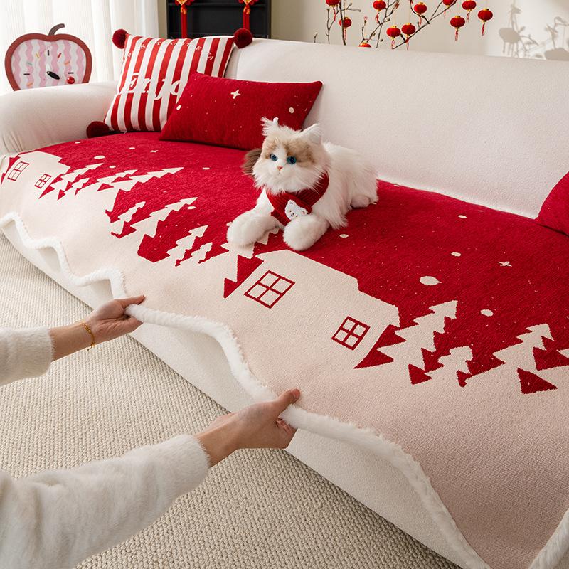Special-Shaped Sofa Cushion Festive Red New Winter Chenille Sofa Seat Cushion One-Piece Straight Row Sofa Cover Cloth Protection