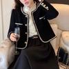 Süße Vintage Tweed Jacke Damen Eleganter französischer Kurzmantel Lässig Langarm Schlichtes All Match Retro Damen Oberbekleidung Tops
