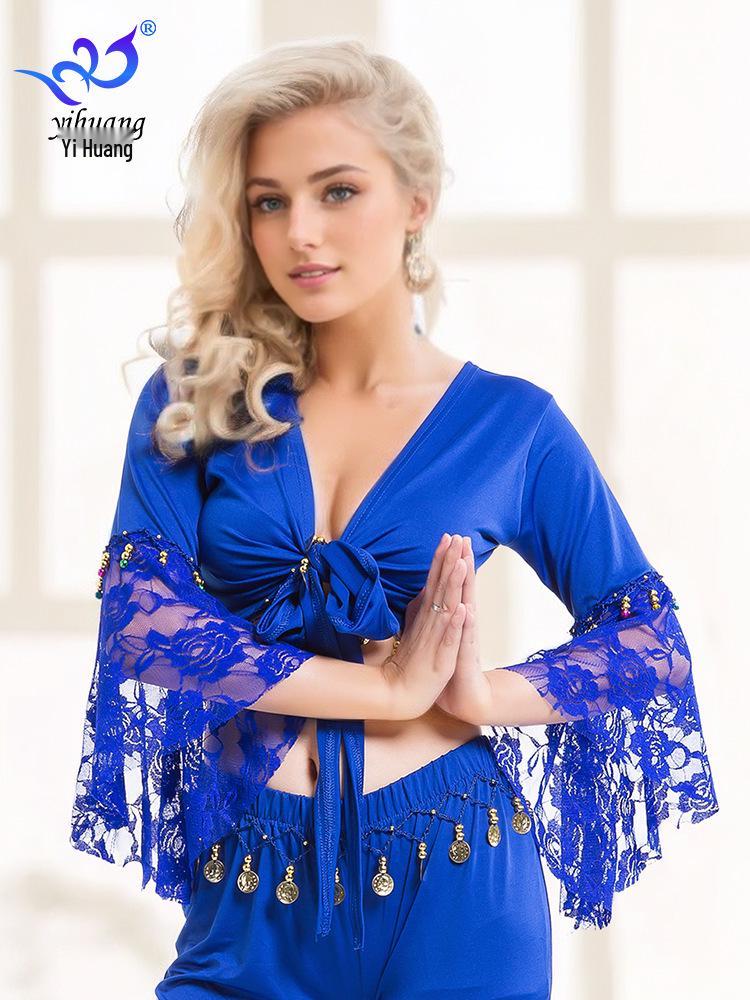 Belly Dance Lace Top with Flared Sleeves and Tassels for Performances