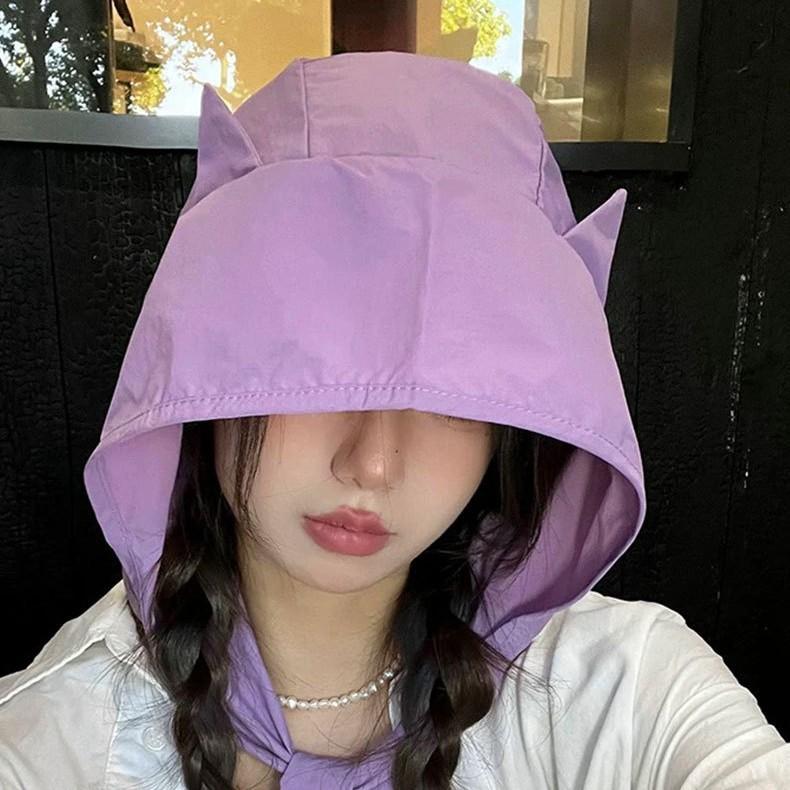 Women's Spring and Summer Thin Sun Protection UV Head Hat Japanese Cute Little Devil Ear Quick Dry Fisherman Hat