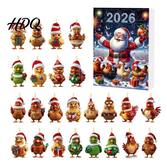 Acrylic Hanging Decorations Chicken Advent Calendar 2026 24 Days Christmas Countdown with 2D Flat Ornament Set Ornament Cartoon Pendant for