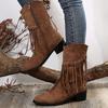 Vintage Tassels Thick Heels Mid Calf Boots Women Autumn Winter Pointed Toe Western Boots Woman Plus Size 43 Zipper Cowboy Botas