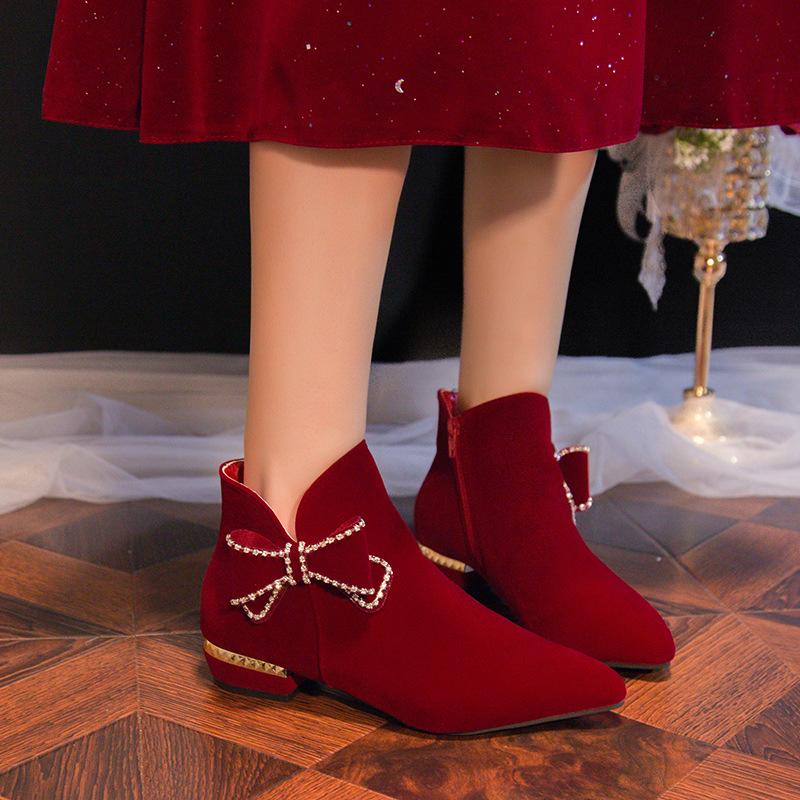 Internet celebrity autumn and winter bride boots 2025 new burgundy festive wedding boots rhinestone fringed thick heel not tired feet fashion boots