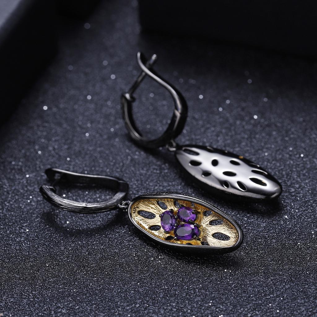 Italské řemeslné originální náušnice s drahokamem design 925 stříbrné přírodní ametystové náušnice