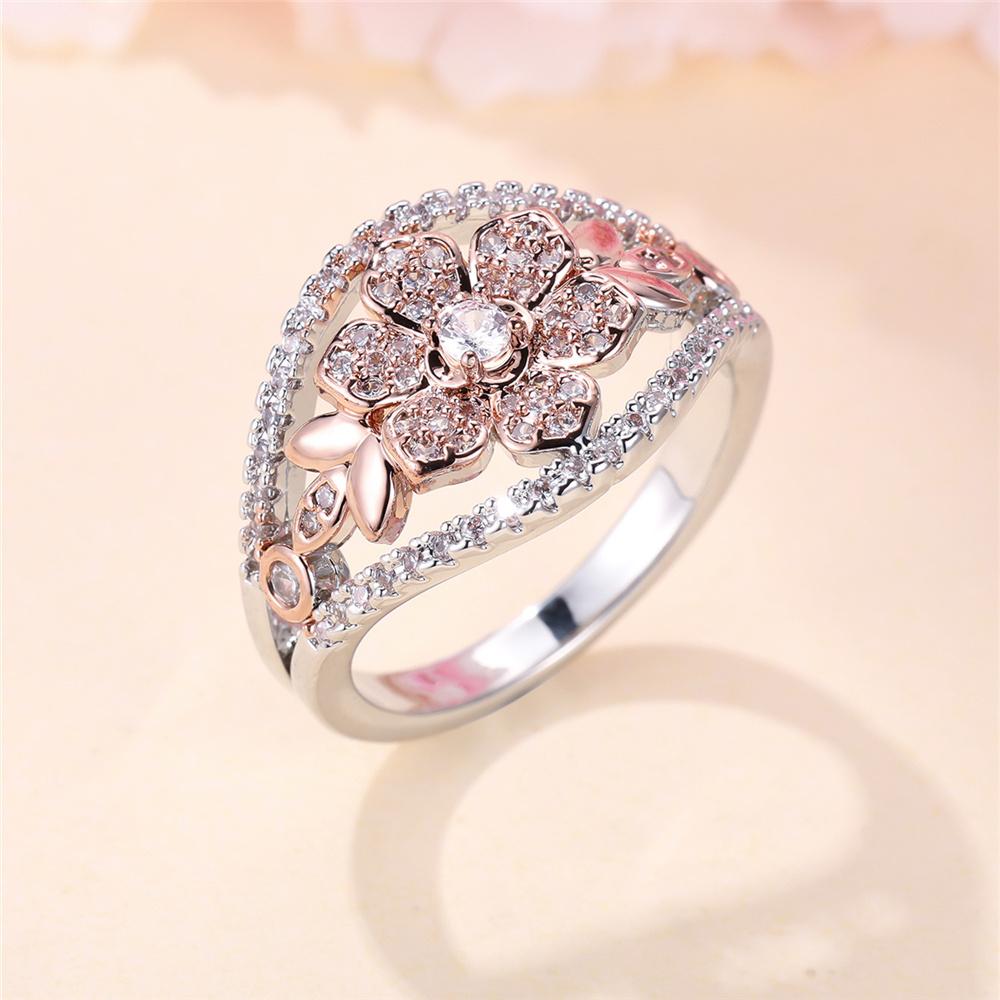 Süßer Damen Ring mit weißer Blume und rundem Zirkonstein, Roségold Farbe, Zierlich, Geschenk, Party, Hochzeits Schmuck für Frauen