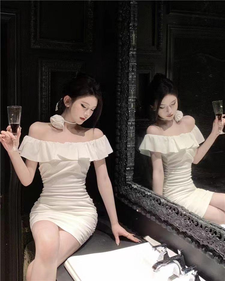 Elegant French One-Shoulder Ruffled Bodycon Dress