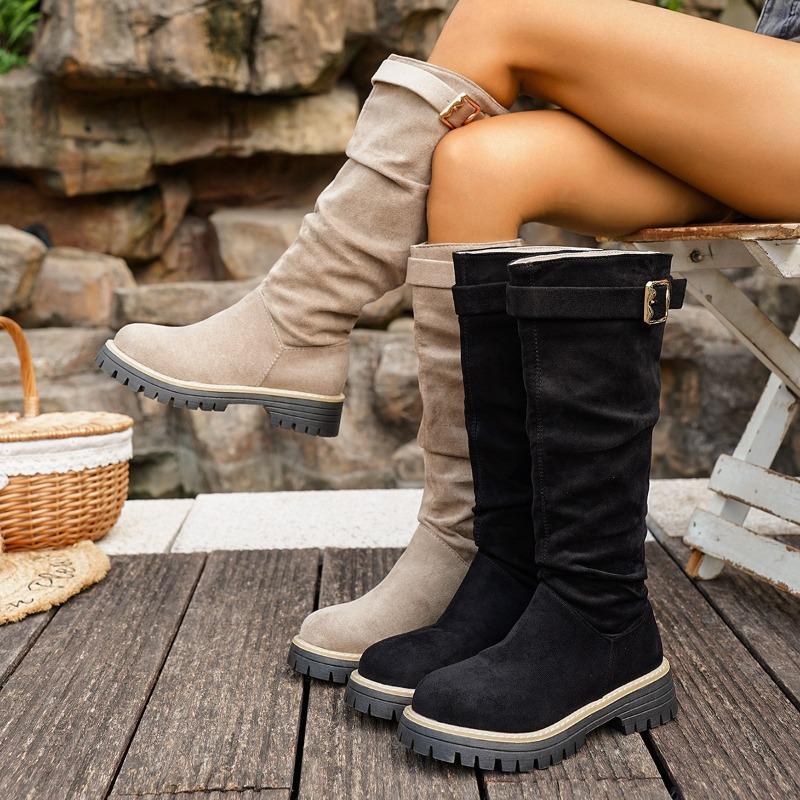 Women's Suede Western Cowboy Boots, Stacked Foldable Mid-Calf Riding Boots, Vintage Retro Biker Booties for Women