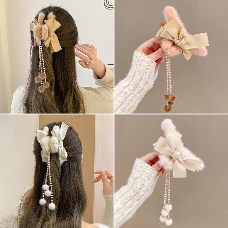 Korean Style Plush Bow Hair Clip with Tassel - Autumn/Winter Women's Hair Accessory
