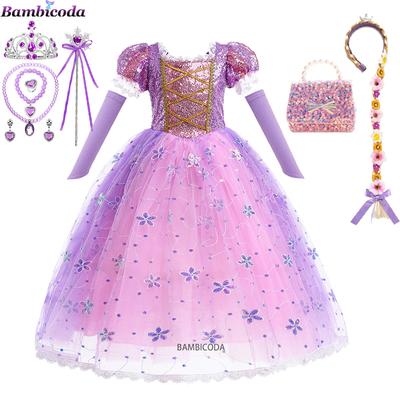 2023 Rapunzel Mädchen Prinzessinnenkleid Kinder Party Cosplay Kostüm Lila Langärmlig Mesh Ausgefallene Kleidung Halloween Baby Tutu Rock