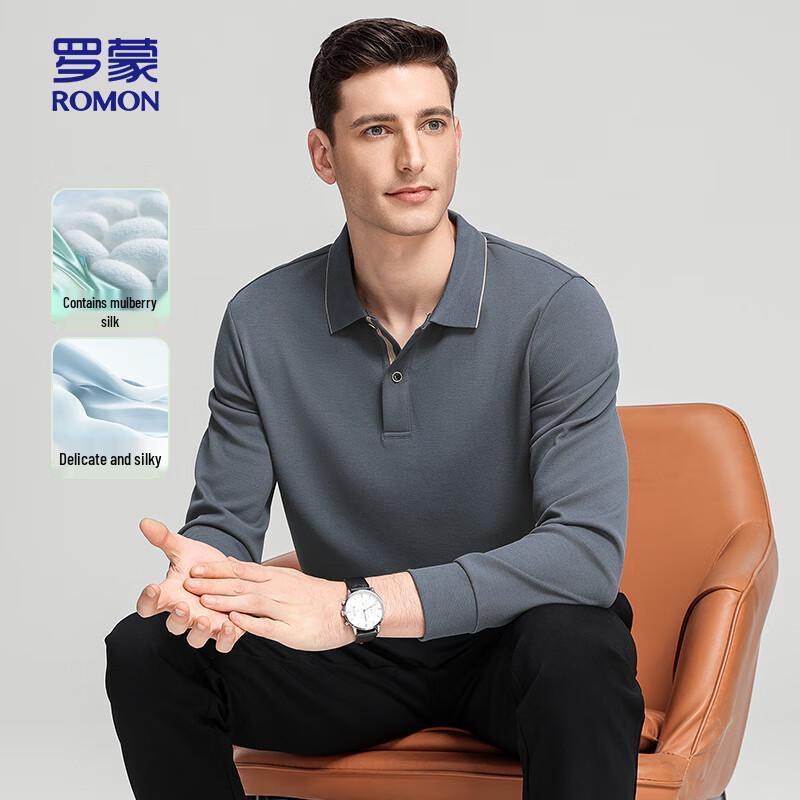 ROMON Men's Solid Polo Business Casual Long Sleeve T-Shirt