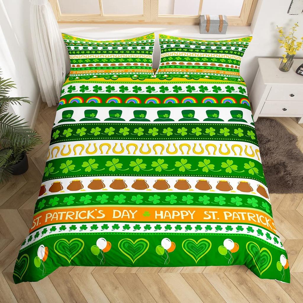 St. Patrick's Day Duvet Cover Cute Cats Rainbow Bedding Set Retro Lucky Clover Polyester Quilt Cover Cute Animal Comforter Cover