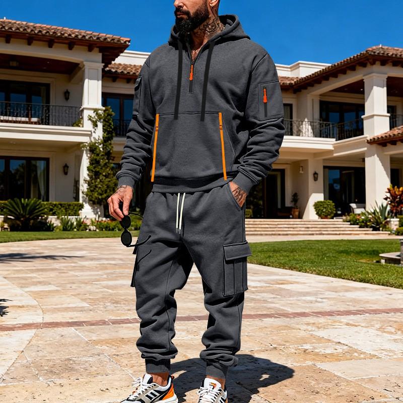 Mens Winter Oversized Hoodie Cargo Pants Set Thick Fleece-Lined Casual Streetwear Outfit Young Adults