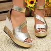 Fashion Fashion Gold Chunky Platform Gladiator Sandals Women 2025 Summer Round Toe Wedge Heel Cover Heel Sandals Sexy Party Dress Shoes