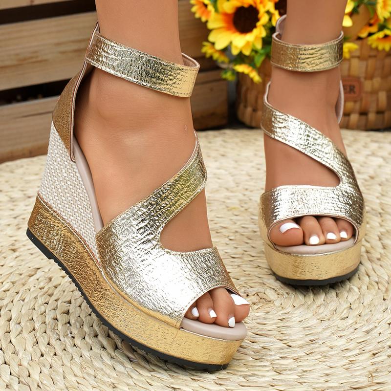 Fashion Fashion Gold Chunky Platform Gladiator Sandals Women 2025 Summer Round Toe Wedge Heel Cover Heel Sandals Sexy Party Dress Shoes
