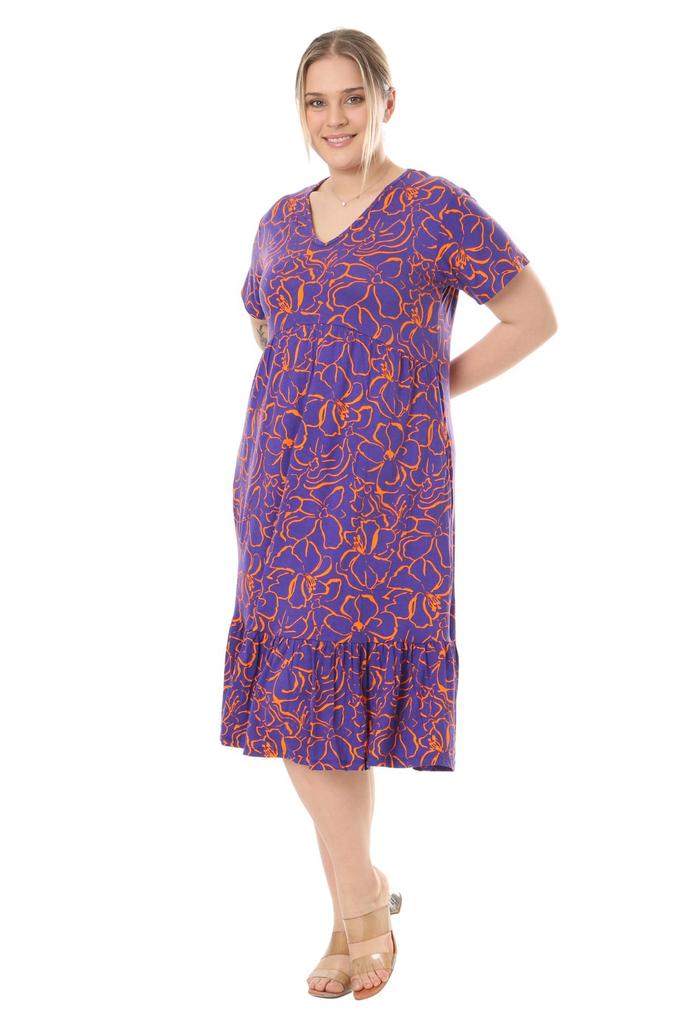 Women's Big Size Dress Purple Floral Pattern V-Neck Short Sleeve Ruffle Robe Dress