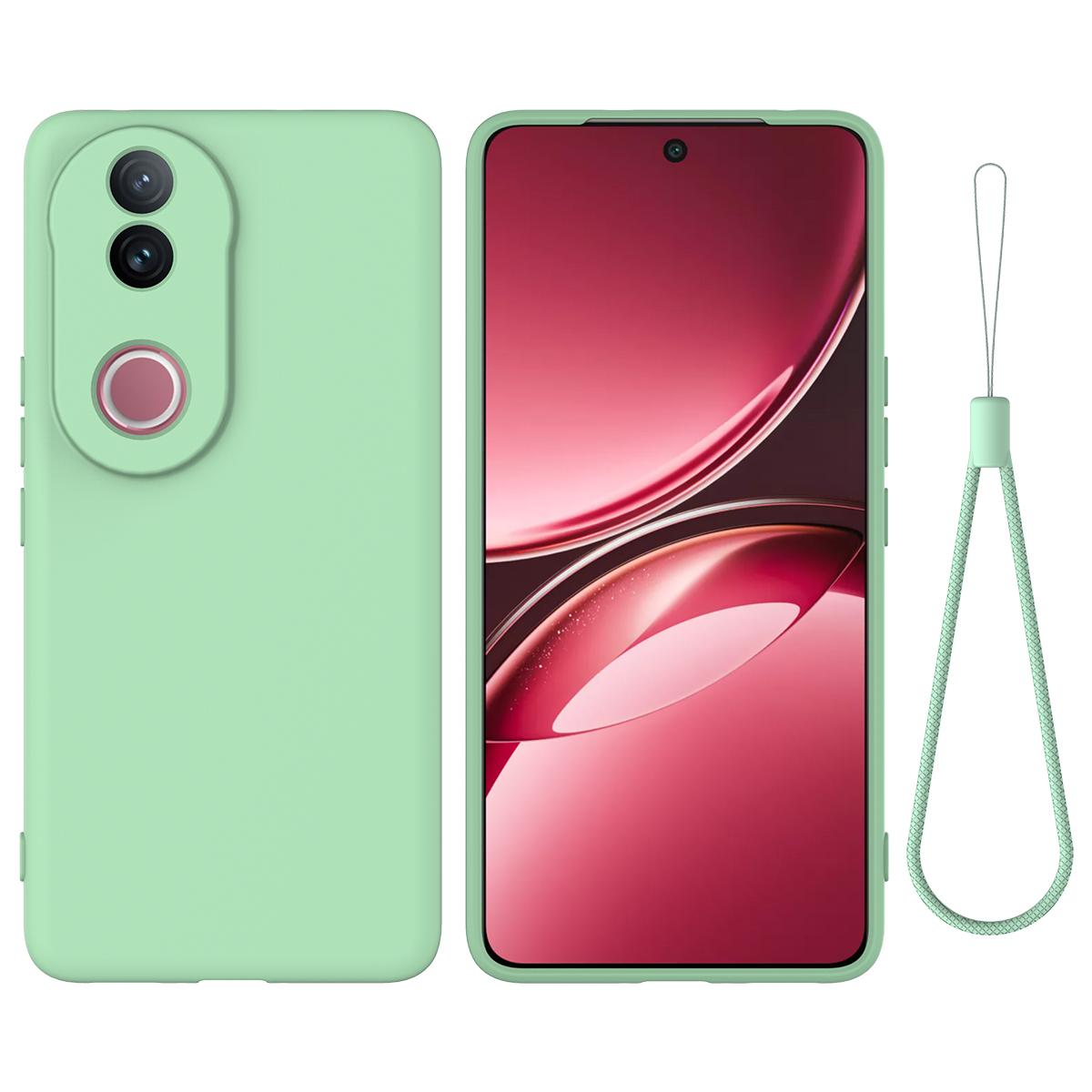 

For vivo V50 5G Liquid Silicone Case Phone Back Cover with Hand Strap Green
