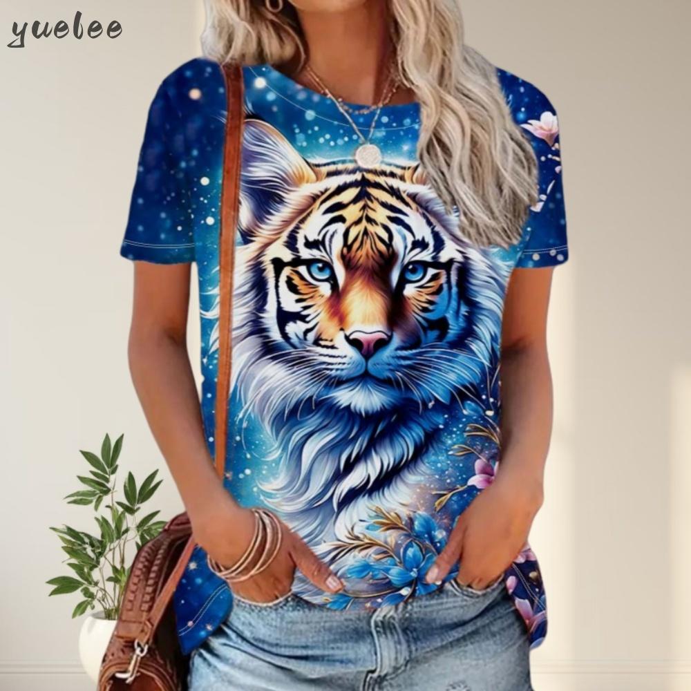 

2025 New 3D Tiger Print Loose Women s T-Shirt Summer Casual Women s Fashion T-Shirt Outdoor New Street Women s Short Sleeved Top S