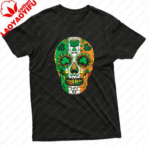 Sugar Skull Design Summer Men TShirt St Patricks Day Unique Graphic Printed Tshirt Irish Festival Costumes Unisex Cotton Tops S