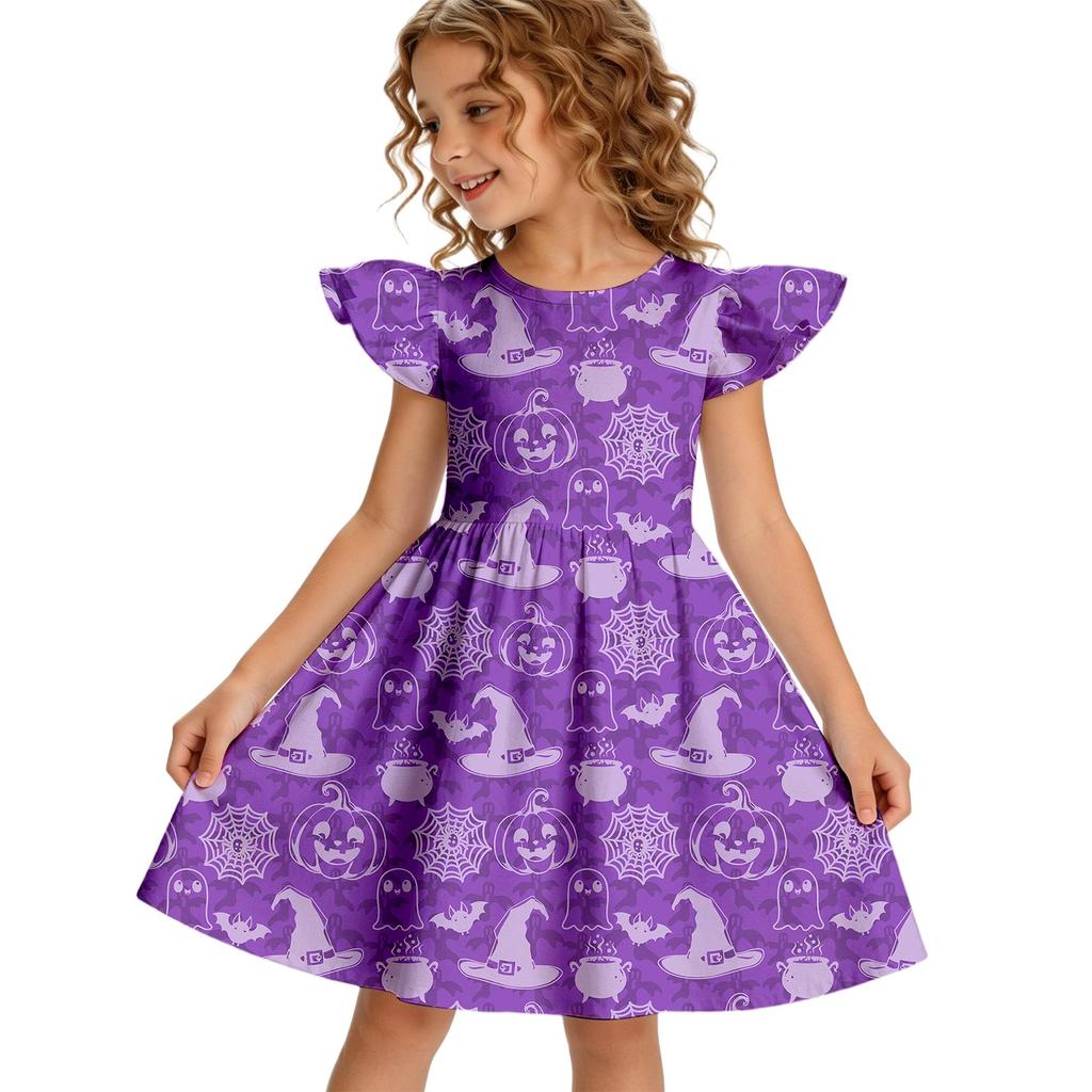 Girls Halloween Casual Dress Ruffle Sleeve Round Neck Dress Lightweight Comfortable Fit for Everyday Wear and Party
