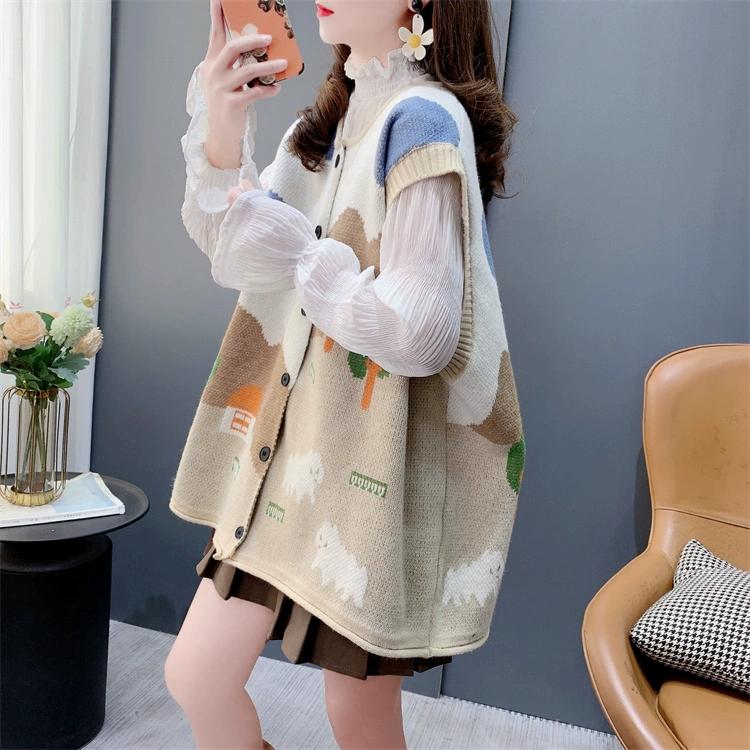 Autumn Women Sleeveless Buttons Vest Printing Sweaters Knitting Casual Style Loose Pink Sweater