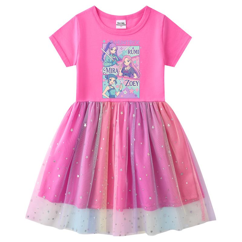 Vestido de Princesa de Malla con Lentejuelas Arcoíris de Kpop Demon Slayer para Niñas - Manga Corta de Verano y Manga Larga de Primavera/Otoño
