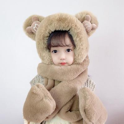 Children's Three-piece Hat Winter Cute Girl Scarf Gloves Integrated Hat Baby Plush Thickened Plush Warm