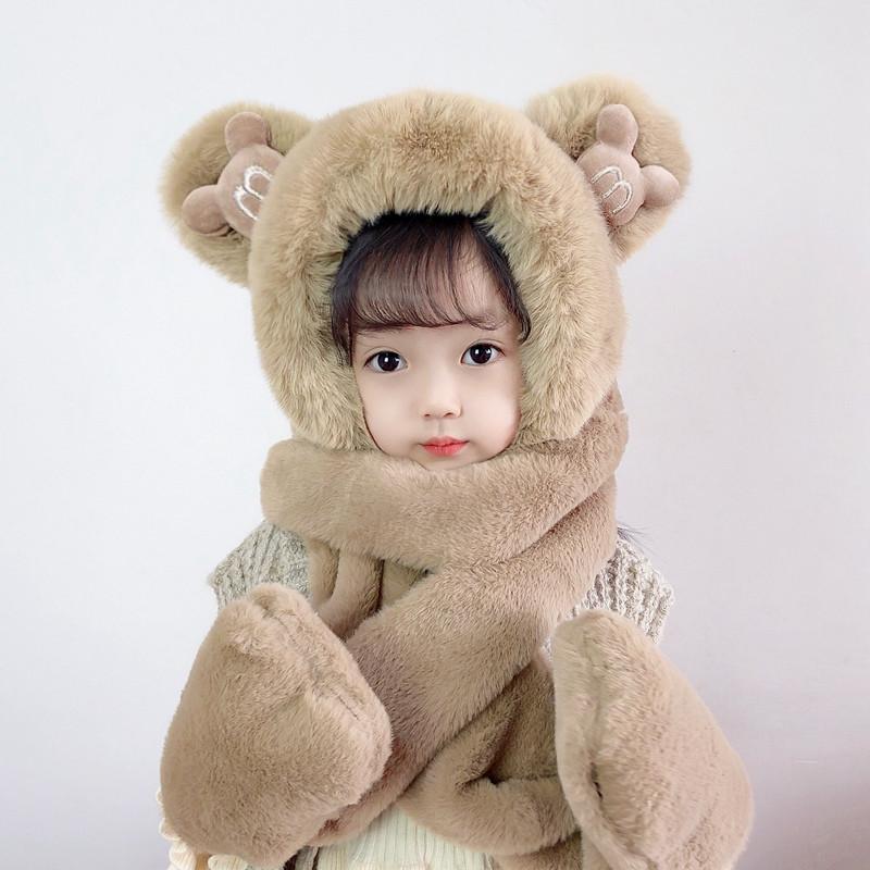 Children's Three-piece Hat Winter Cute Girl Scarf Gloves Integrated Hat Baby Plush Thickened Plush Warm