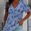 Women V Neck Short Sleeve Top Light Blue Dark Blue Tie Dye Print Blouse
