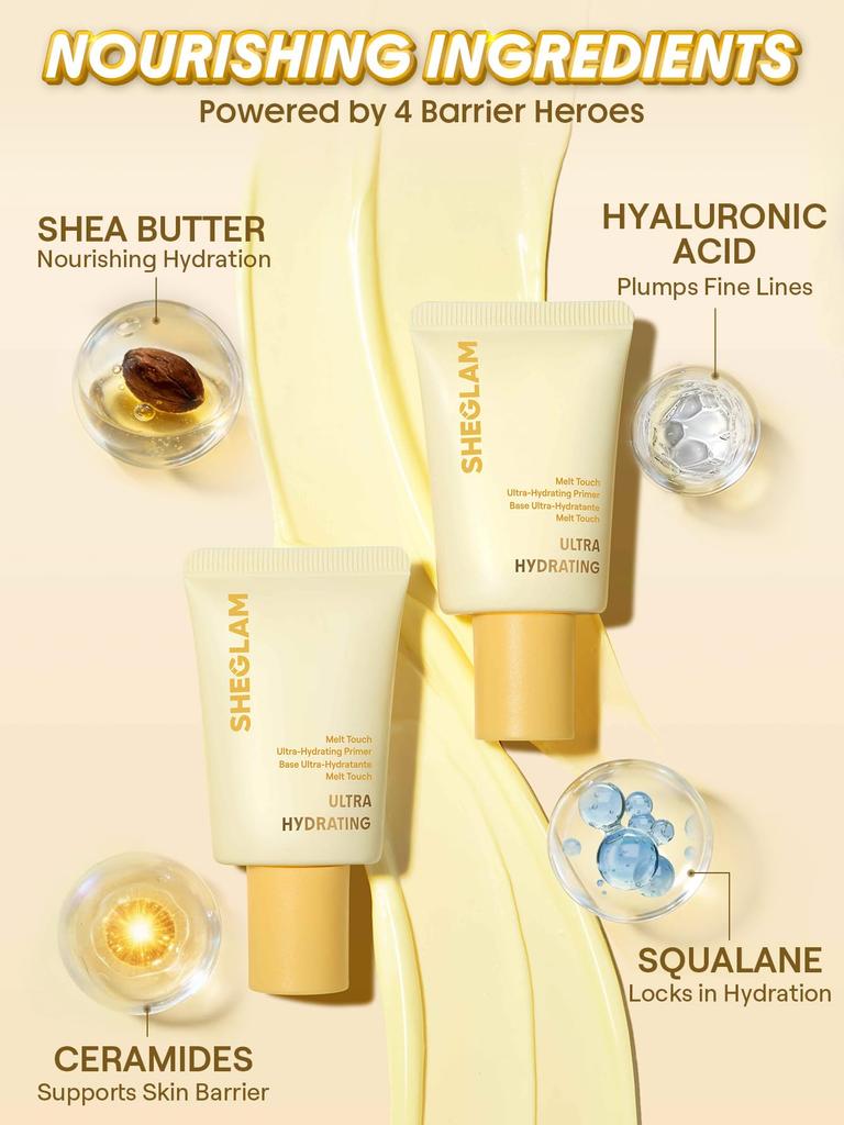 SHEGLAM Melt Touch Ultra Moisturizing Cream Primer Glass Skin Formula with Serum Makeup Lightweight Texture 3-in-1 Ingredients, Base,
