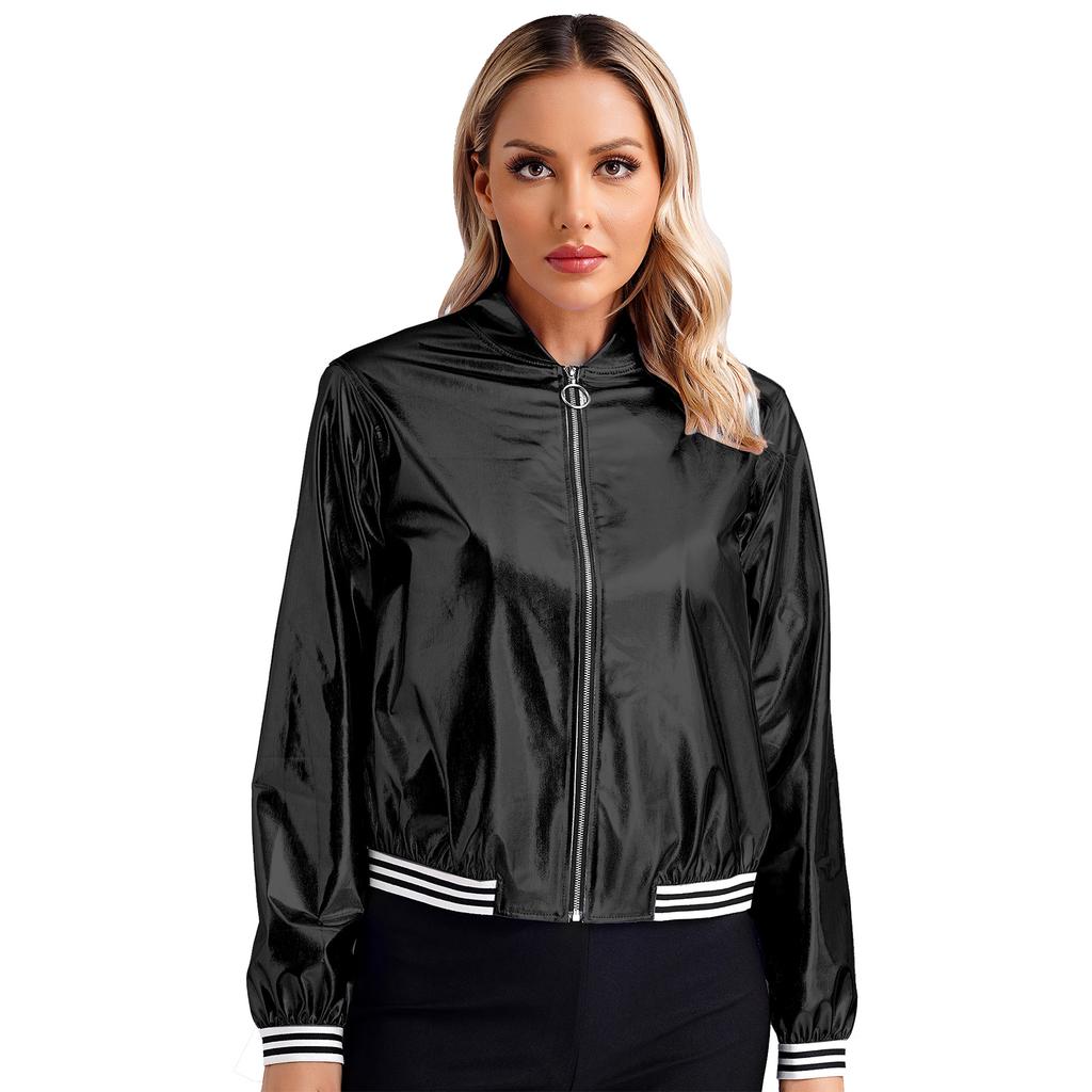 Women's Sparkly Holographic Lightweight 90S Shiny Metallic Long SleeveBomber Jacket