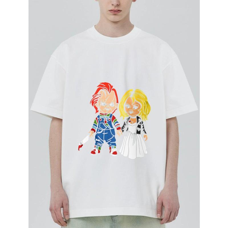 Chucky and Tiffany Cartoon T Shirt Black Horror Movie Characters Print Casual Wear for Men and Women