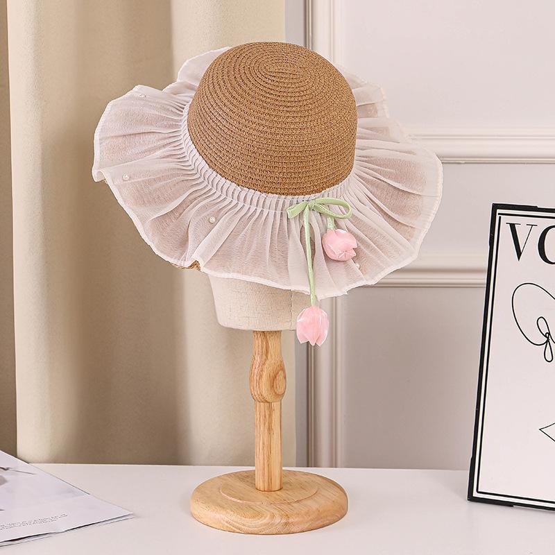 Children's straw hat summer sun hat girls straw visor idyllic princess sun hat seaside beach hat