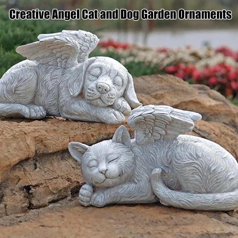 .Resin Angel Dog Cat Statue Garden Decor Puppy Tombstone Sculpture Ornaments Gifts For Yard Home Decoration Living Room Supplies