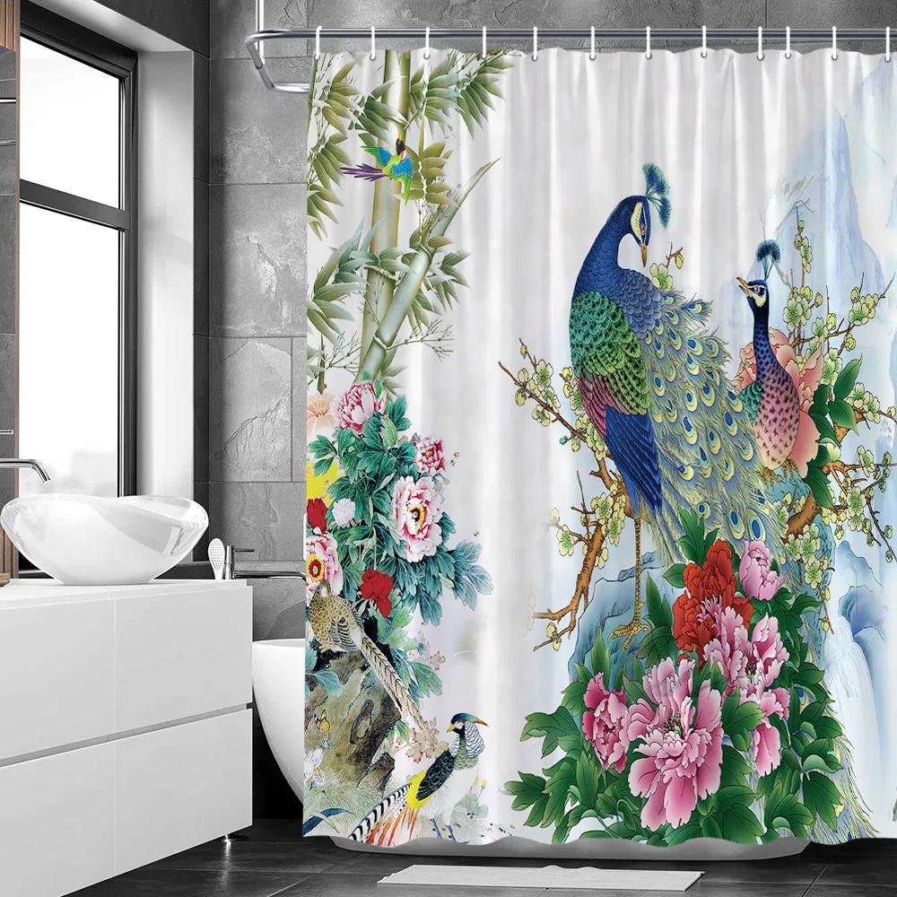 Sexy Woman White Shower Curtains Highland Cow Palm Leaf Ink Flower Bird Polyester Fabric Washable Bathroom Decor Bath Curtain