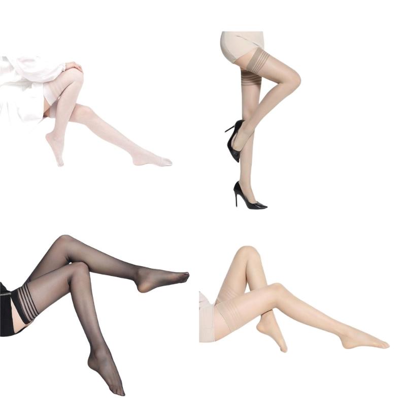 Women's Elegant Striped Print Elastic Top Thigh High Stockings See Through Silk Over Knee Long Socks Lingerie Hosiery