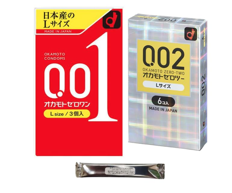 Okamoto 001L and Okamoto 002L and Large Includes 1 Stick Lotion (3 count) (6 count) Condoms, Contraceptives, 0.01mm 0.02mm, Size,