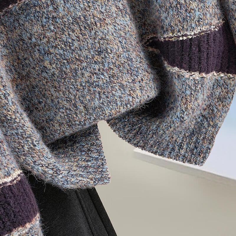 Women's Loose Fit Round Neck Color-Block Wool Blend Sweater