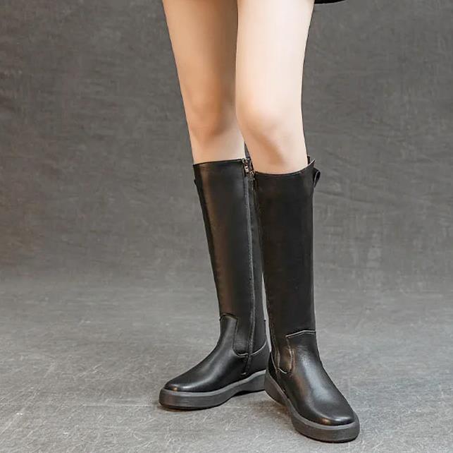 Fashion 4cm Cow Genuine Leather Microfiber High Top Rubber Knee High Booties Women Chimney Autumn Boots Spring Fashion Shoes