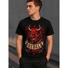 Men's Black Short Sleeve Crew Neck T-shirt with Bold Red Devil Graphic and "Rebel Del Infierno" Banner, Soft Cotton Feel, Streetwear Style for Casual