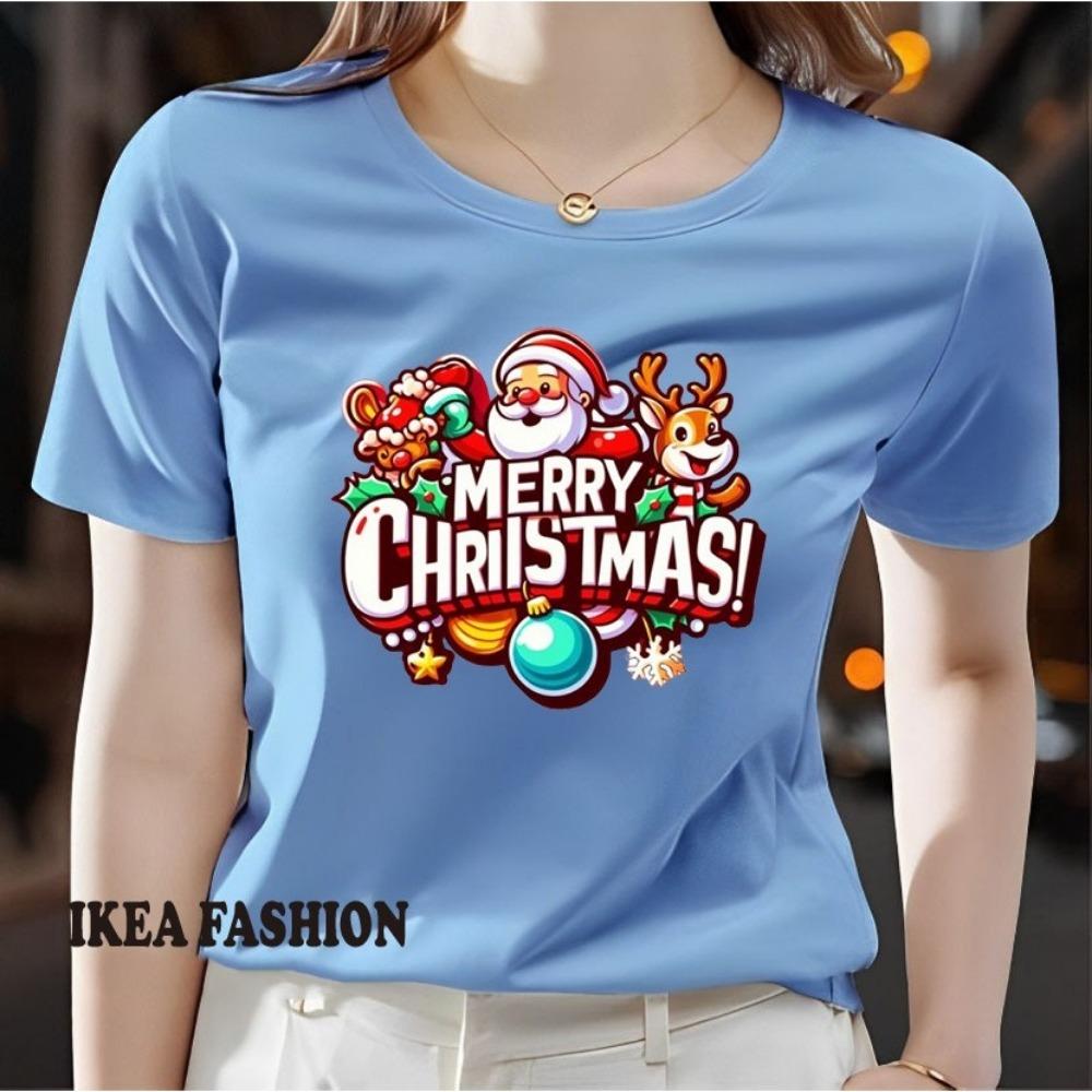 Large Women's Christmas Pattern Printed T-shirt - Short Sleeve Round Neck Casual Top