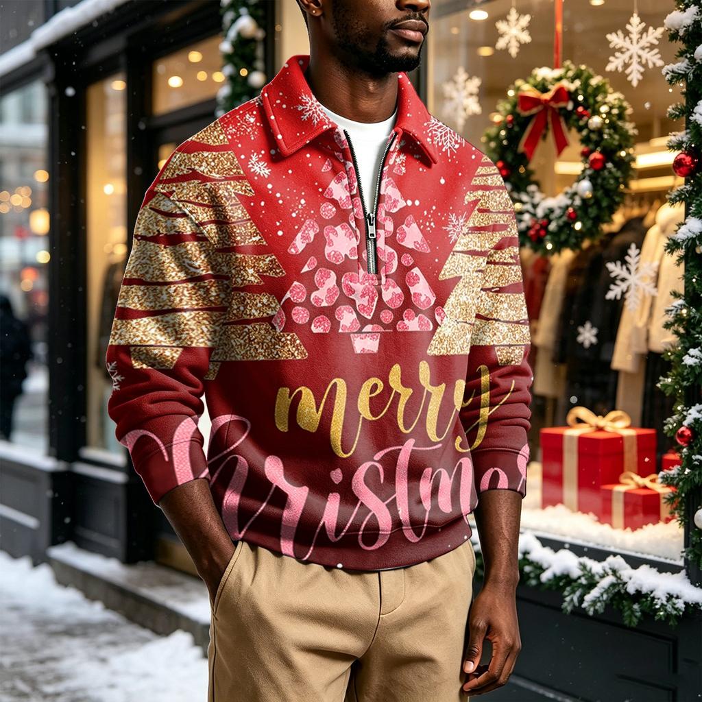 Men's Casual Christmas Print Collared Sweatshirt for Holiday