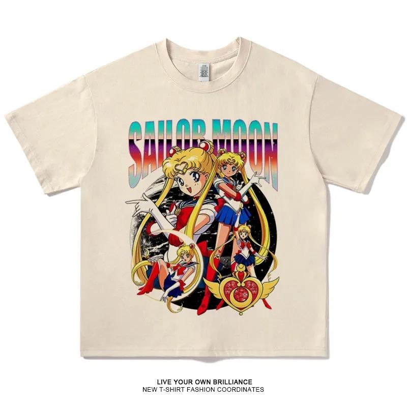 Stylish White Cotton T-Shirt Featuring Sailor Moon and Inner Senshi Retro Anime Group Graphic T-Shirt
